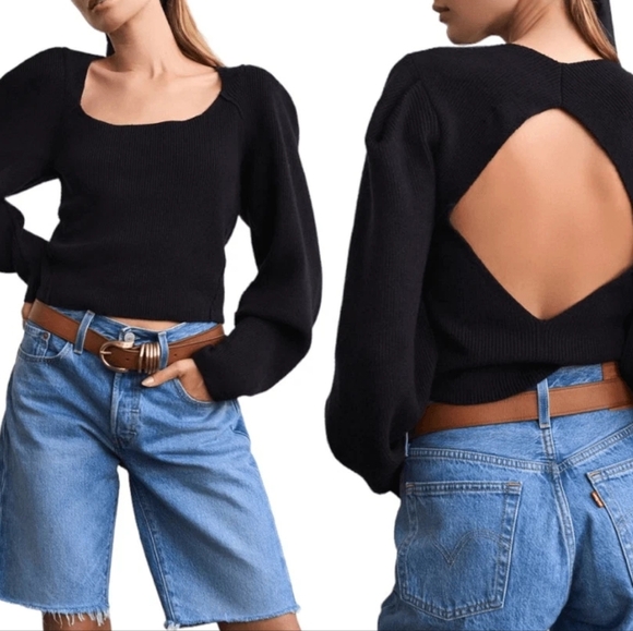 Free People Sweaters - NEW Free People Women’s Saffron Sweater Top Open Back Puff Sleeves Black